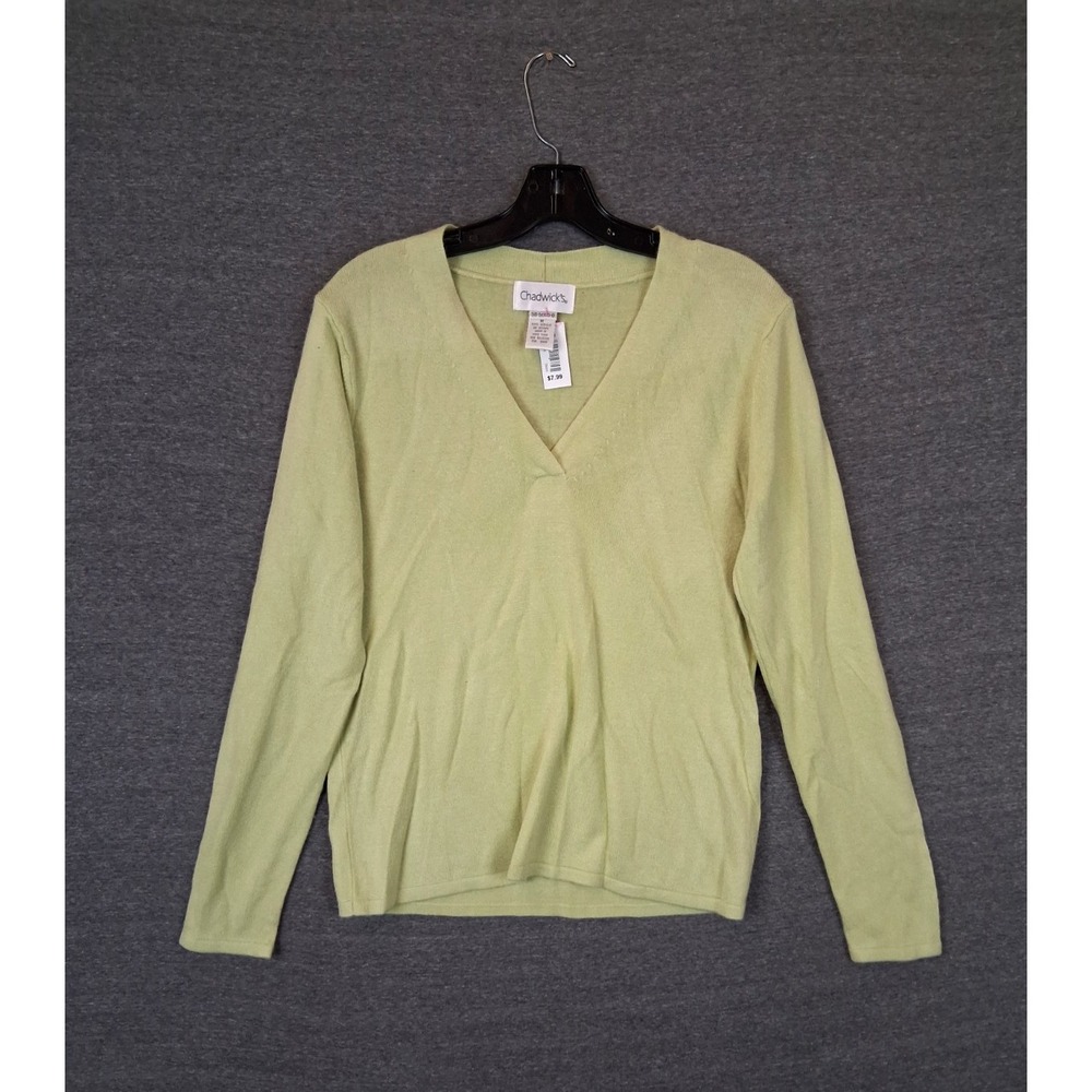 Chadwicks Womens Sweater M Green Chartreuse V Neck Soft Cozy Cabin Academia VTG